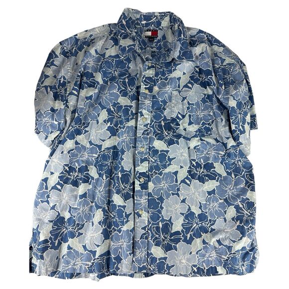 Vintage Tommy Hilfiger Hawaiian shirt mens XXL Blue SS Button Up Beachwear - Picture 1 of 3